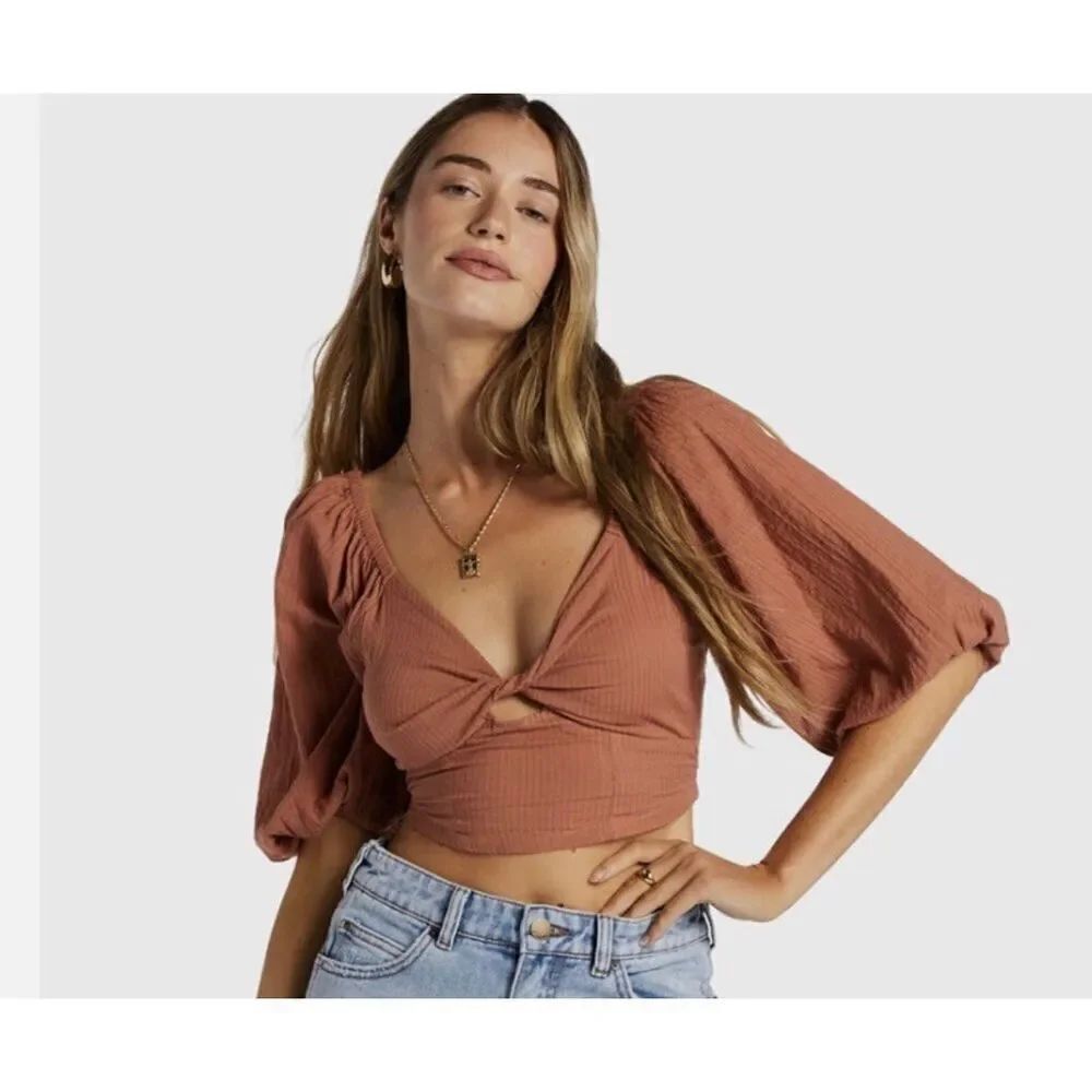 Billabong Womens Juniors' Cotton Del Sole Twist-Front Top crop top size M